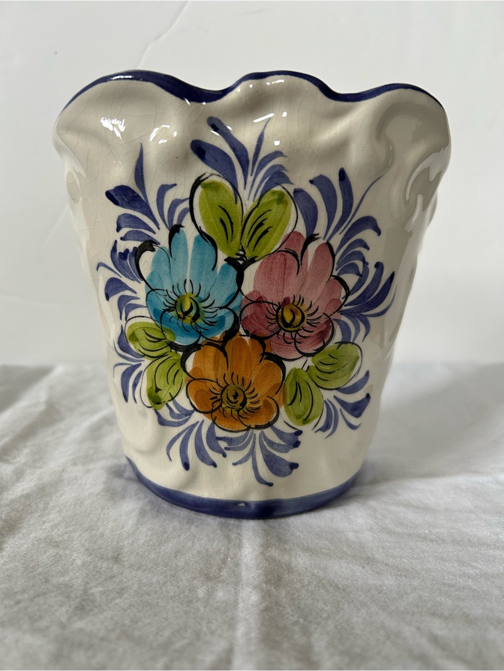 Hand-Painted Floral Ceramic Wall Vase or Planter